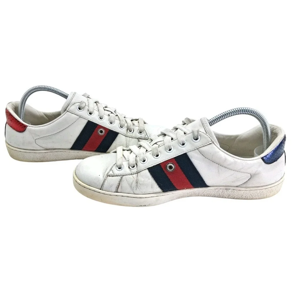 Gucci Ace Shoes Mens UK 8.5 US 9.5 White Leather Stripe Low Top Casual Sneakers